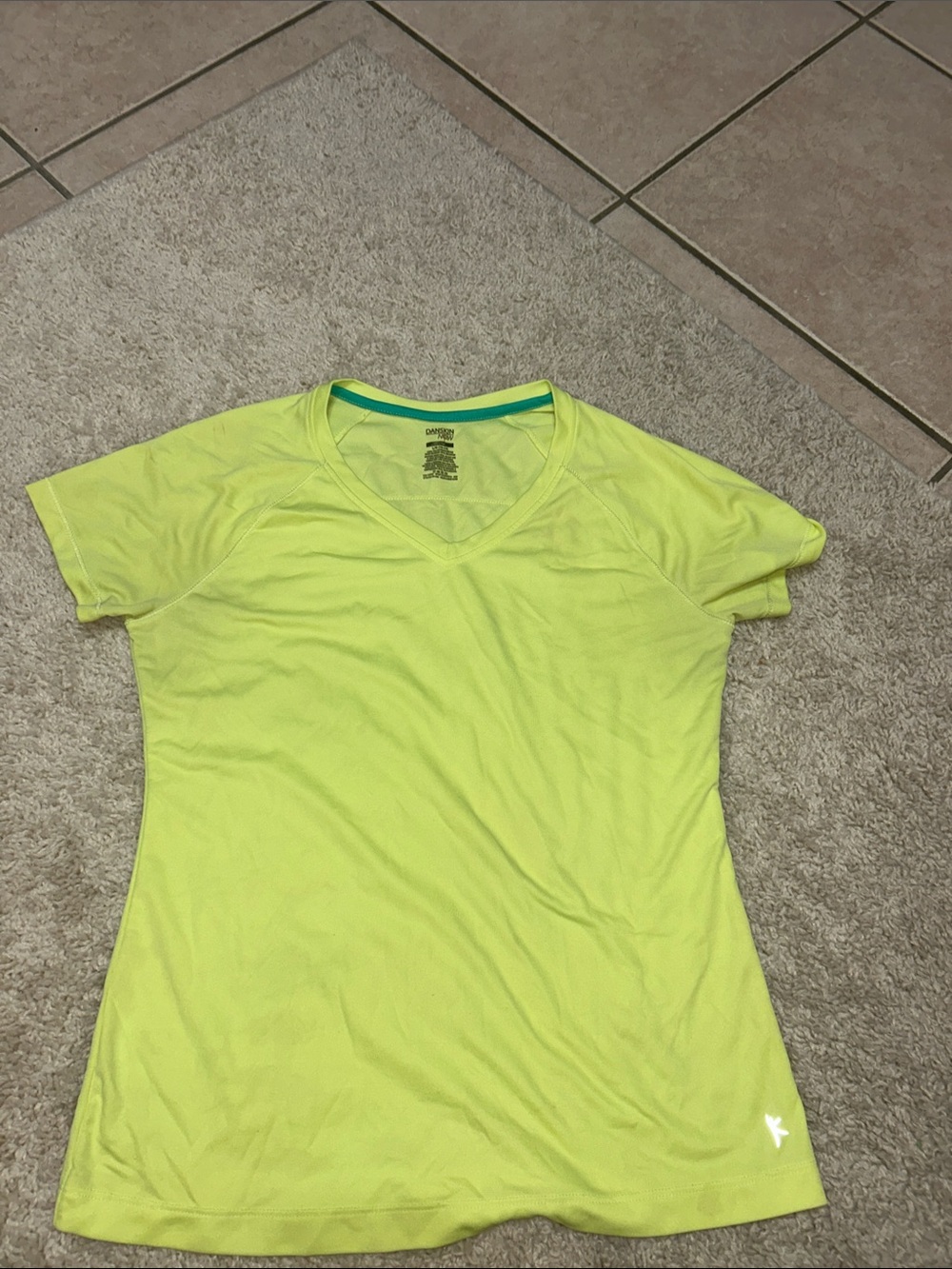Danskin Now Neon Yellow V‑Neck Short Sleeve Tee with Teal Neck Trim